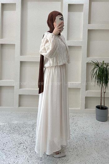 Cream Crew Neck Long Arm Cotton Straight Skirt Suit