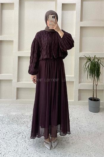 Plum Crew Neck Long Arm Cotton Straight Skirt Suit