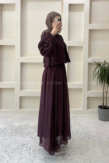 Plum Crew Neck Long Arm Cotton Straight Skirt Suit