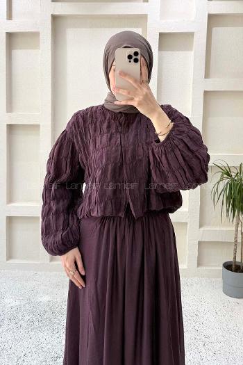 Plum Crew Neck Long Arm Cotton Straight Skirt Suit