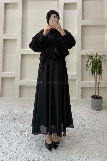 Black Crew Neck Long Arm Cotton Straight Skirt Suit