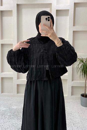 Black Crew Neck Long Arm Cotton Straight Skirt Suit