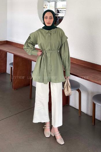 Lamelif Katmanlı Omuz Detaylı Bağlamalı Gömlek Çağla Yeşili