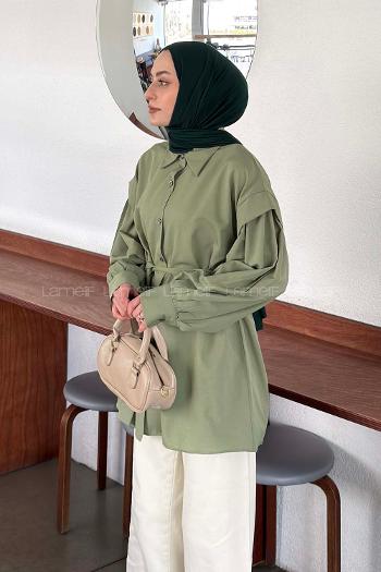 Lamelif Katmanlı Omuz Detaylı Bağlamalı Gömlek Çağla Yeşili