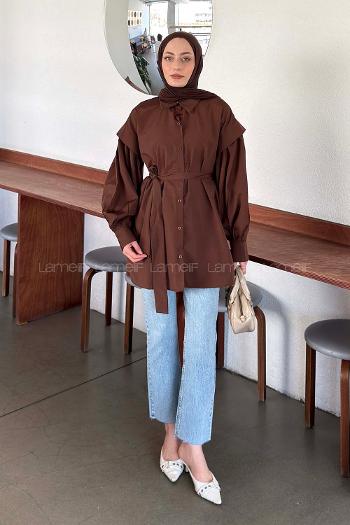 Lamelif Katmanlı Omuz Detaylı Bağlamalı Gömlek Kahverengi