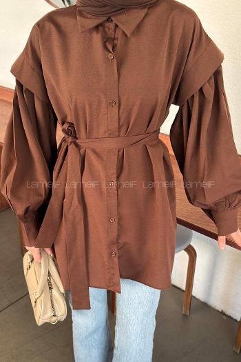 Lamelif Katmanlı Omuz Detaylı Bağlamalı Gömlek Kahverengi