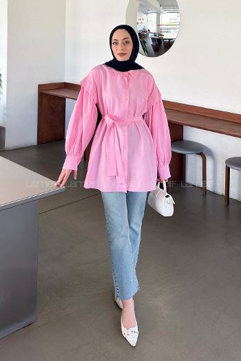 Lamelif Katmanlı Omuz Detaylı Bağlamalı Gömlek Şeker Pembesi