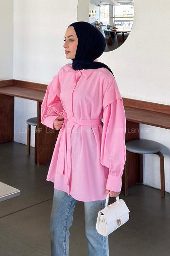 Lamelif Katmanlı Omuz Detaylı Bağlamalı Gömlek Şeker Pembesi