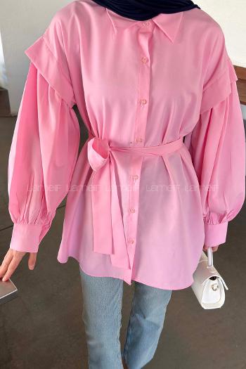 Lamelif Katmanlı Omuz Detaylı Bağlamalı Gömlek Şeker Pembesi