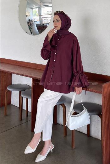 Lamelif Kol Tünel İp Detaylı Gömlek Mürdüm