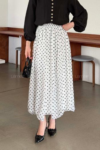 Lamelif Puantiye Desenli Şifon Etek Beyaz