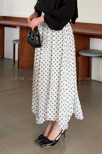 Lamelif Puantiye Desenli Şifon Etek Beyaz