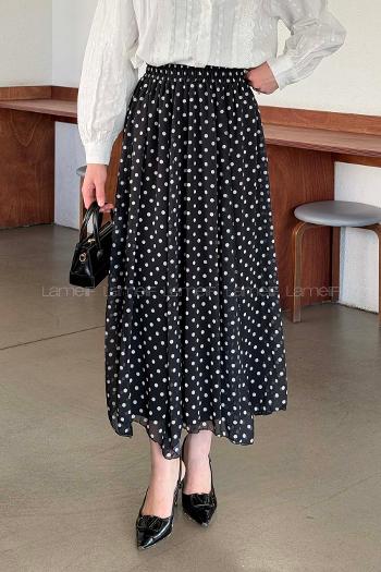 Lamelif Puantiye Desenli Şifon Etek Siyah