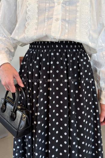 Lamelif Puantiye Desenli Şifon Etek Siyah