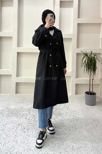 Lamelif Sırt Düğme Detaylı Bağlamalı Trençkot Siyah