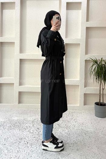 Lamelif Sırt Düğme Detaylı Bağlamalı Trençkot Siyah
