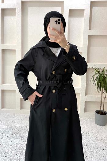 Lamelif Sırt Düğme Detaylı Bağlamalı Trençkot Siyah