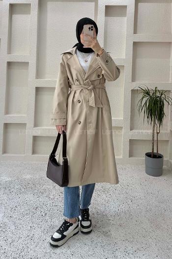 Lamelif Sırt Düğme Detaylı Bağlamalı Trençkot Taş Rengi