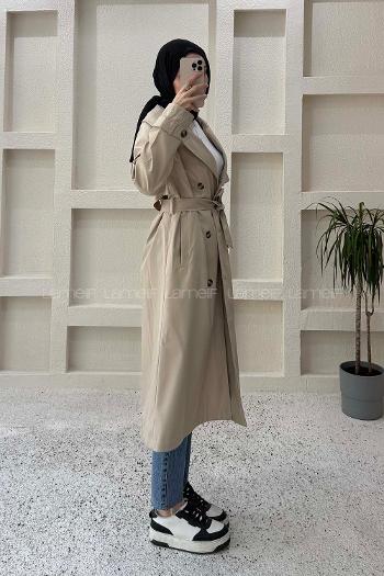 Lamelif Sırt Düğme Detaylı Bağlamalı Trençkot Taş Rengi