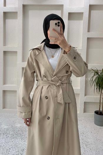 Lamelif Sırt Düğme Detaylı Bağlamalı Trençkot Taş Rengi