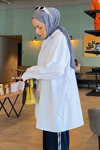 Lamelif Yanları İp Büzgülü Oversize Gömlek Beyaz
