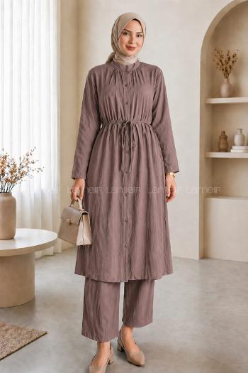 Lamelif Bağlama Detaylı Tunik-Pantolon Takım Acı Kahve