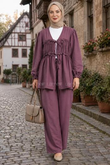 Plum V Neck Long Arm Cotton Lycra Regular Trousers Comfortable Suit