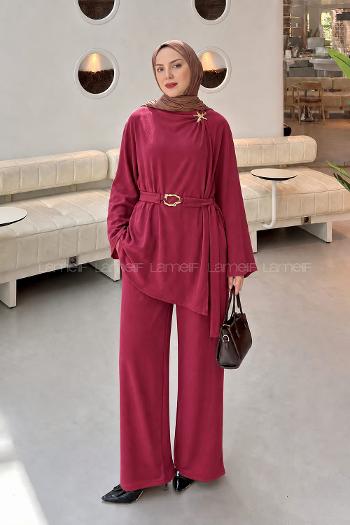 Lamelif Gold Broş Detaylı Pantolonlu Takım Bordo