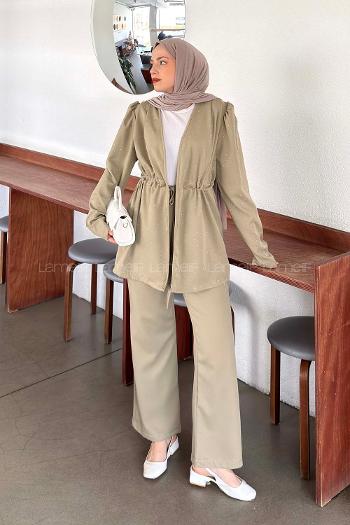 Beige V Neck Long Arm Crepe Fabric Regular Trousers Material Suit