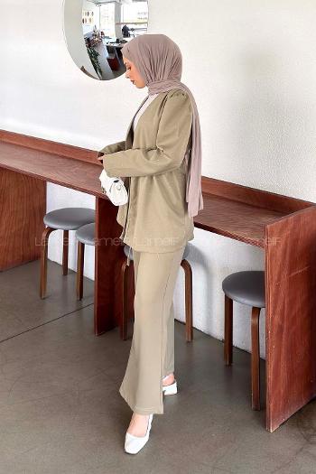 Beige V Neck Long Arm Crepe Fabric Regular Trousers Material Suit
