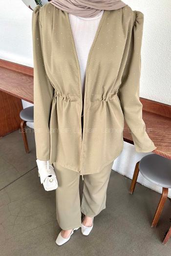 Beige V Neck Long Arm Crepe Fabric Regular Trousers Material Suit