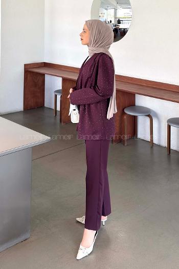 Plum V Neck Long Arm Crepe Fabric Regular Trousers Material Suit