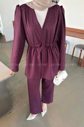Plum V Neck Long Arm Crepe Fabric Regular Trousers Material Suit
