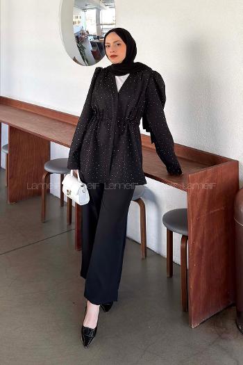 Black V Neck Long Arm Crepe Fabric Regular Trousers Material Suit