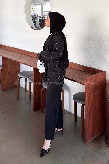 Black V Neck Long Arm Crepe Fabric Regular Trousers Material Suit