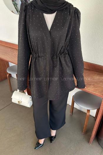 Black V Neck Long Arm Crepe Fabric Regular Trousers Material Suit