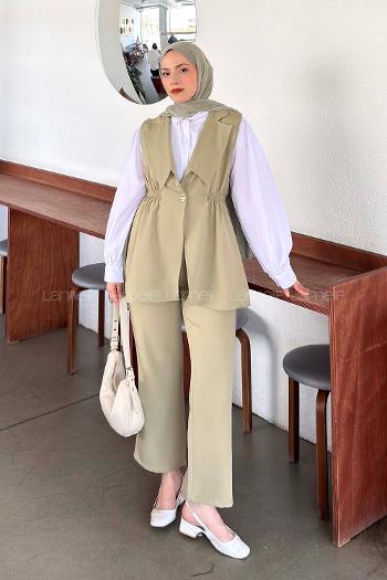 Plum Green V Neck Sleeveless Arm Crepe Fabric Regular Trousers Material Suit