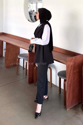 Black V Neck Sleeveless Arm Crepe Fabric Regular Trousers Material Suit