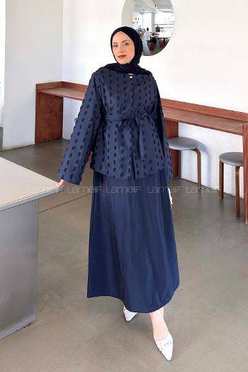 Navy Blue Crew Neck Long Arm Cotton Skirt Suit