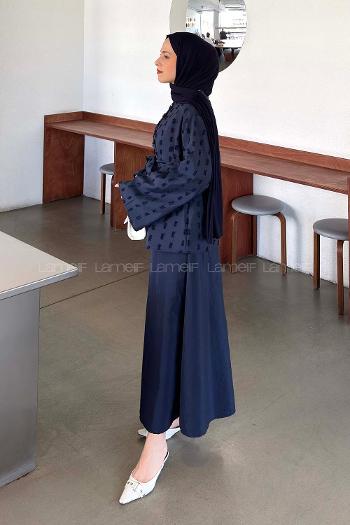 Navy Blue Crew Neck Long Arm Cotton Skirt Suit