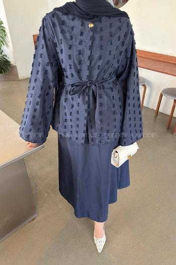 Navy Blue Crew Neck Long Arm Cotton Skirt Suit