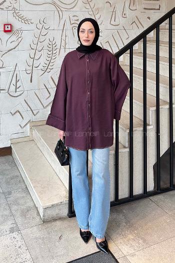 Lamelif Arka Pile Detaylı Uzun Gömlek Mürdüm