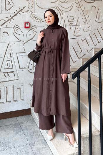 Lamelif Bağlama Detaylı Tunik-Pantolon Takım Acı Kahve