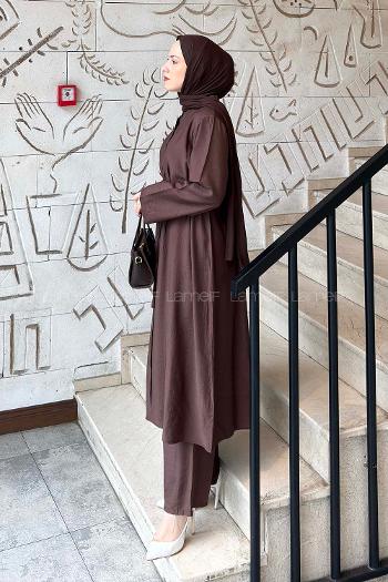 Lamelif Bağlama Detaylı Tunik-Pantolon Takım Acı Kahve