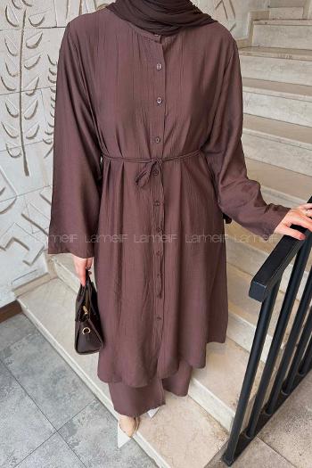 Lamelif Bağlama Detaylı Tunik-Pantolon Takım Acı Kahve