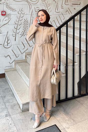 Lamelif Bağlama Detaylı Tunik-Pantolon Takım Vizonrengi