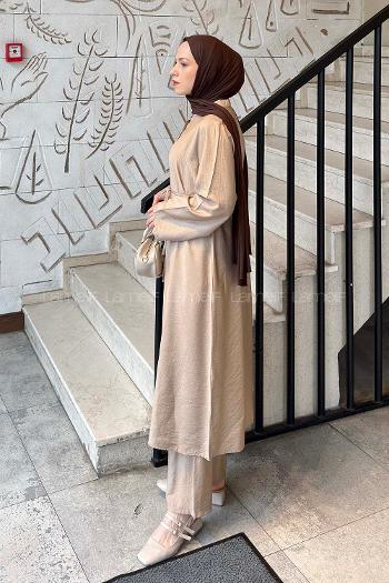 Lamelif Bağlama Detaylı Tunik-Pantolon Takım Vizonrengi