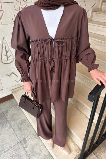 Lamelif Büzgü Detaylı Pantolonlu Takım Acı Kahve