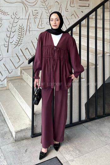 Lamelif Büzgü Detaylı Pantolonlu Takım Mürdüm