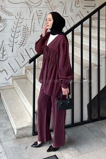 Lamelif Büzgü Detaylı Pantolonlu Takım Mürdüm